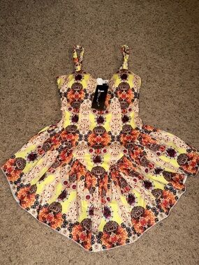 Yellow Floral Print Mini Dress with Spaghetti Straps